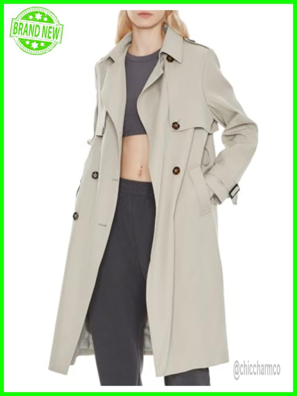 Double-Breasted Long Trench Coat with Belt